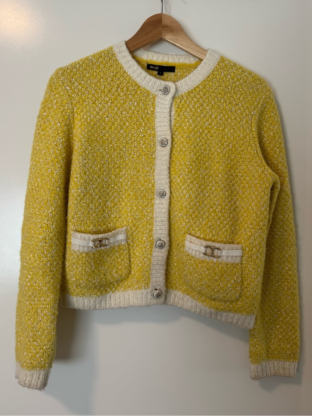 Maje Yellow Bouclé Knit Cardigan Jacket Size 1